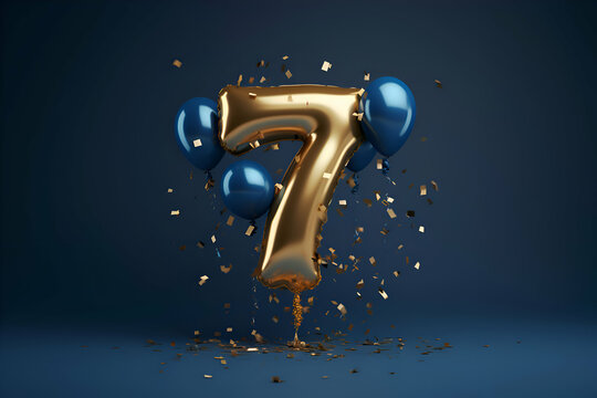 Number 7 gold balloon with blue and golden confetti. 3D Render