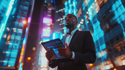 handsome black african american businessman holding smart tablet screen in hands analyzing the world economy stock market. holographic web design. city skyscrapers in blurry background