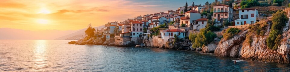 Coastal village panorama at sunrise,  with charming houses along the shoreline