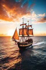 Obraz premium Legends of the Sea. A sailing ship in the open sea at sunset.