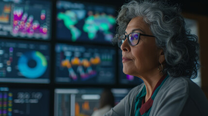 Hispanic Female Senior Data Scientist Reviewing Reports Of Risk Management Department On Big Digital Screen In Monitoring Room. Diverse Consulting Company Employees Working Behind Desktop Computers - obrazy, fototapety, plakaty
