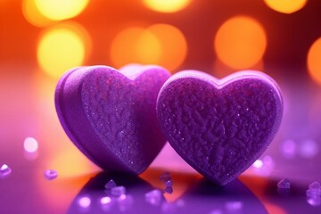 Two heart-shaped soaps on a purple table, highlighted by a glittery light and purple background. Generative AI