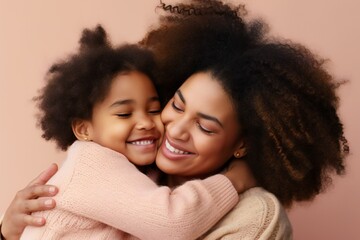 Cute little african preschooler daughter hug cuddle with smiling young mother kiss show love and affection, small girl child embrace happy millennial mom or nanny, share close intimate moment together - obrazy, fototapety, plakaty