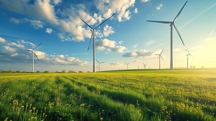 A captivating scene highlighting a vast field of lush green grass, showcasing the graceful presence of wind turbines harnessing renewable energy.