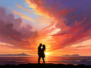 radiant connection: a couple's tender sunset kiss - obrazy, fototapety, plakaty
