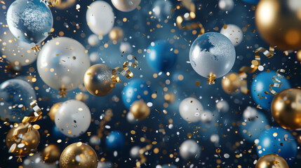 Obraz na płótnie Canvas Holiday background with golden and blue metallic balloons, confetti and ribbons. Festive card for birthday party, anniversary, new year, christmas or other events