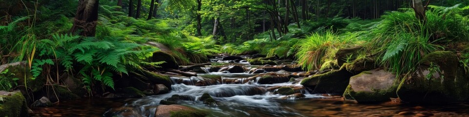 Forest stream panorama,  with the water flowing gently through a tranquil woodland scene