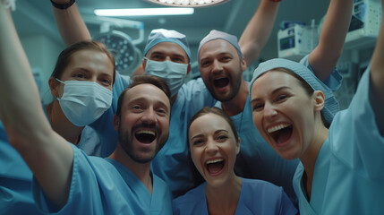 Medical team includes surgeon, nurse, assistant are celebrating a successful surgery in operating room - obrazy, fototapety, plakaty