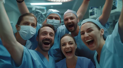 Foto op Plexiglas Medical team includes surgeon, nurse, assistant are celebrating a successful surgery in operating room © stockdevil