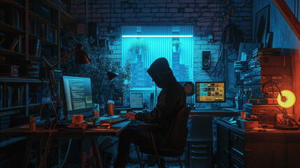Home Garage Late At Night: Evil Male Hacker Wearing Hoodie Breaks into Data Servers, DDOS Attack, Phishing Attack, Malware. Man Writing Code For Trojan Horse Virus. Darknet Cyber Crime Concept