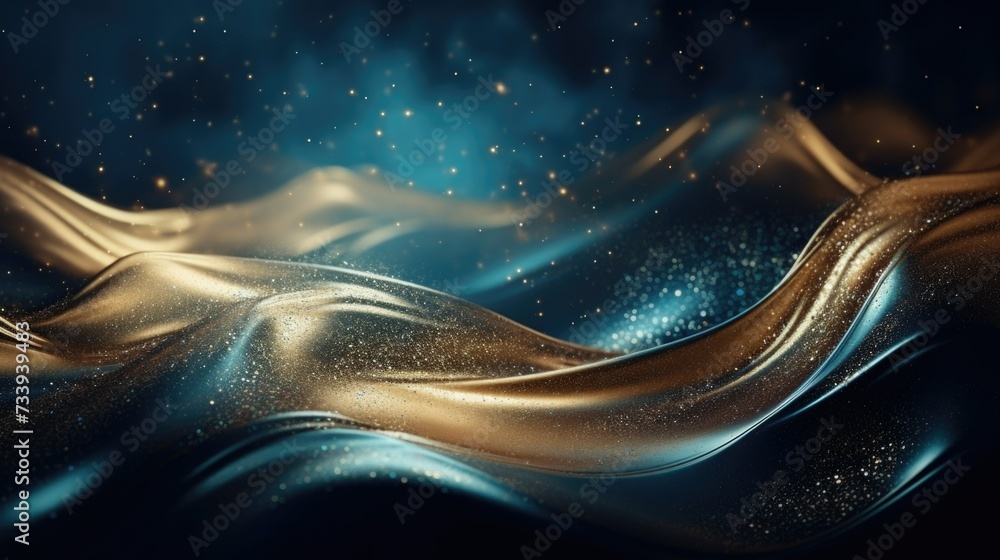 Poster abstract image depicting waves of blue silk fabric interspersed with a cascade of golden particles, 