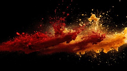 Dynamic explosion of red and gold dust against a dark backdrop. High-Speed Photography: A real-time capture of colored powders