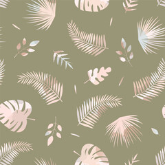 Fototapeta na wymiar Vector seamless pattern with tropical leaves in discreet colors. For wallpapers, decoration, wedding invitation card, fabric, textile, bed linen print, gift and wrapping paper, jotter cover