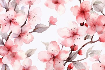 Floral watercolor pattern featuring delicate pink sakura blossoms. Generative AI