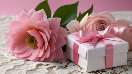 Fototapeta na wymiar Romantic flower and ribbon gift box.