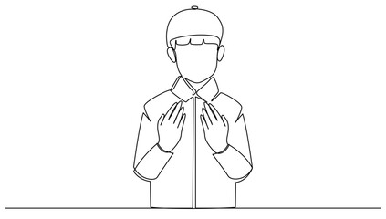 Continuous line art or One Line drawing of  little boy for vector illustration, ramadan karem. Kids pray pose concept. graphic design modern continuous line drawing
