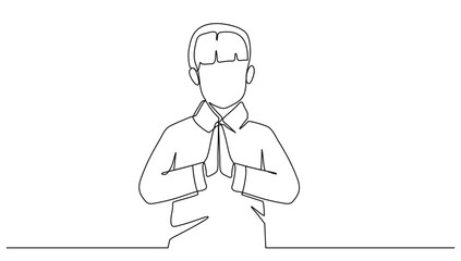 One continuous line drawing of a little Muslim boy celebration Ramadan and Eid al-Fitr perform the Halal Bihalal gesture concept illustration design vector single line concept drawing 