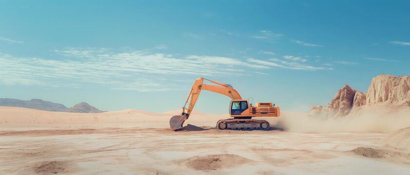 excavator loads the ground in the stone crusher machine during earthmoving works outdoors at desert construction site. Creative Banner. Copyspace image