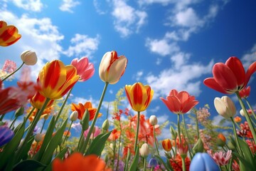 colorful tulips under bright sky. Generative AI