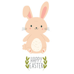 Happy Easter banner with cute hand drawn bunny with hearts and lettering. Vector
