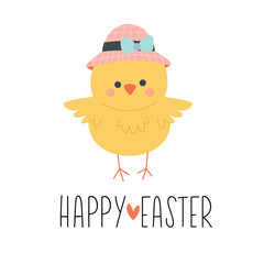 Hand drawn Happy Easter card with chick girl in hat with bow. Vector banner