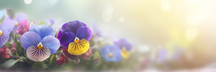 Garden, pansy points flowers banner with copy space. Spring flowers banner, background