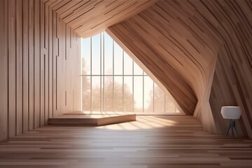 Minimalist interior with abstract wood and glass architecture. 3D illustration and rendering. Generative AI