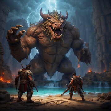 Two warriors fight against a huge monster