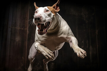 Aggressive dog bull terrier barks, growling and shows teeth on black background. Dangerous Angry Dog.