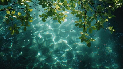 Top view of green leafy trees with clear water in the background