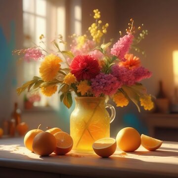 Still life with flowers and fruits in a vase.