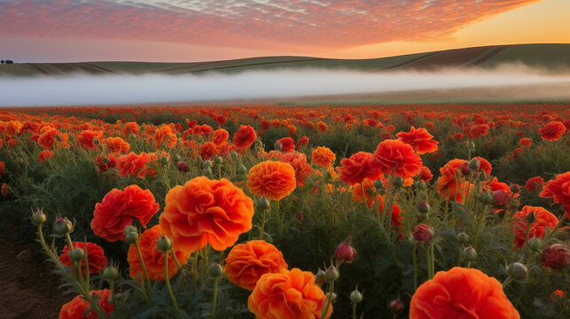 field of poppies and sunset  high definition(hd) photographic creative image