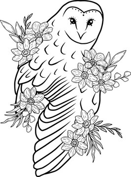 Owl with flowers, line art illustration