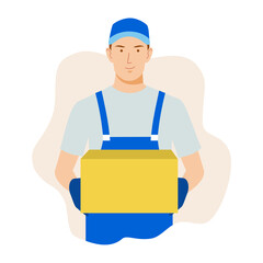 a young male courier in a blue uniform with a box in his hands. Vector image