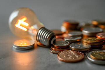 Many coins and glowing light bulb, idea to make money, financial plan, interest, debt, money management