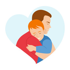 Happy father day. Father hugs his son. Son's love for his father.The child's face looks sad and happy when he hugs his father. Vector image