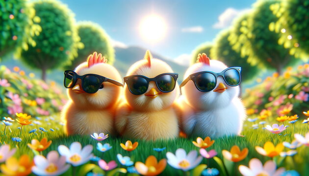 three little chickens wearing black sunglasses, set in a spring paradise landscape. wallpaper