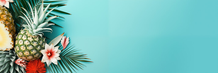 Obraz premium Tropical Fruits and Flowers on Blue Background