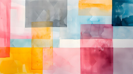 Watercolor painting with geometric shapes in pastel colors. Abstract minimalistic composition