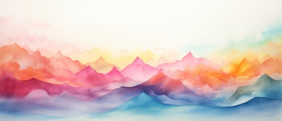 Colorful rainbow colors watercolor color abstract brush painting art of beautiful mountains, mountain peak minimalism landscape panorama banner illustration, isolated on white background