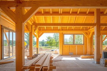 Interior framing of new wood building frames, post and beam frames