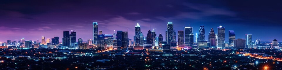 Modern city skyline at dusk,  illuminated by a vibrant array of city lights in panoramic view