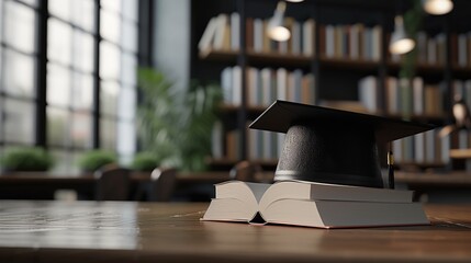 Black Mortarboard Hat Resting On Opened Book Symbolizing Higher Education And Study Background. 3d Rendered