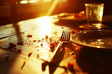 Messy table with dirty dishes, AI-generated. - obrazy, fototapety, plakaty