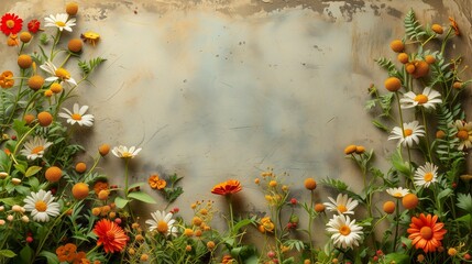 Realistic flowers in front of a wall with copy space along its surface, AI-generated.