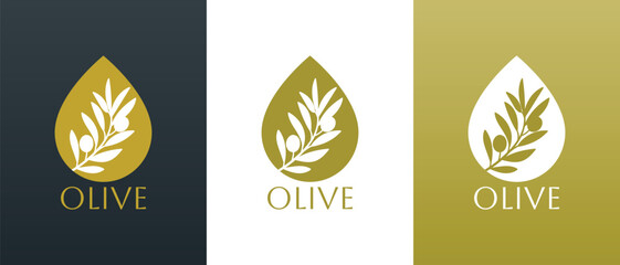 Vector logo of olive branch with leaves. Modern hand drawn vector olive oil icons. Branding concept for olive oil company, organic, eco-friendly products, wellness, beauty, culinary services - obrazy, fototapety, plakaty