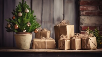 A small Christmas tree and presents wrapped in brown paper are on a wooden table against a rustic background.