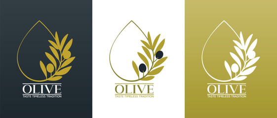 Vector logo of olive branch with leaves. Modern hand drawn vector olive oil icons. Branding concept for olive oil company, organic, eco-friendly products, wellness, beauty, culinary services