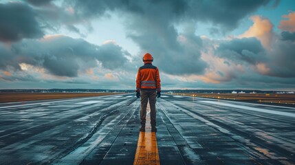 A lone airport ground crew member in high visibility clothing surveys the wet runway under a dramatic cloudy sky at dusk.