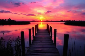 Wooden dock extending out into a lake at sunset